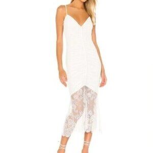 Cami NYC Ohanna Ruched Midi Dress L White Lace Hem Mesh Bodycon Cocktail Party